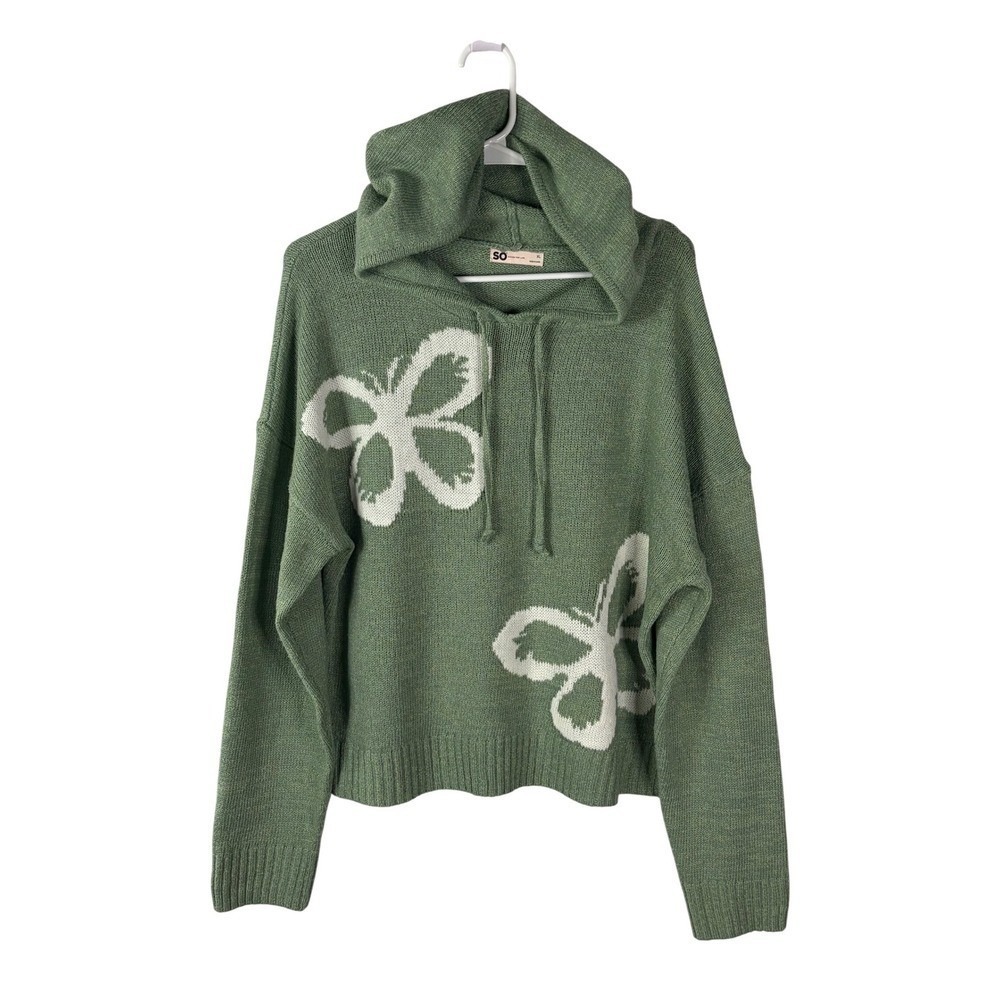 SO Goods For Life Green Butterfly Knit Hoodie Sweater XL Sage Boho‎ Drawstring